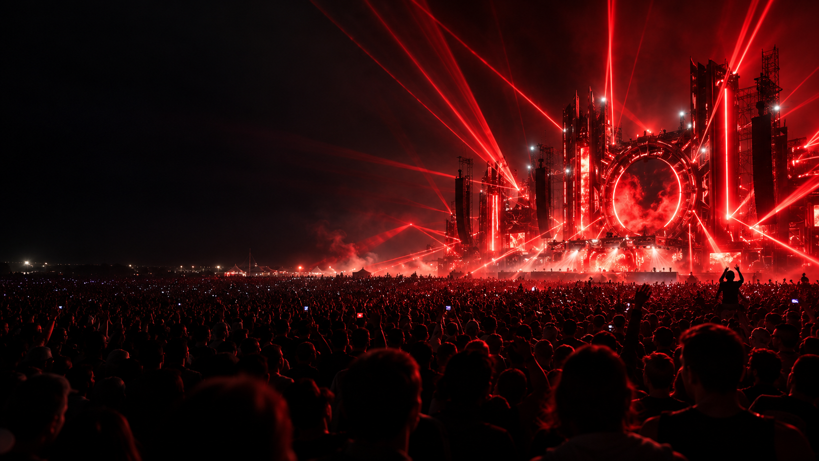 A crowd beneath red concert lights